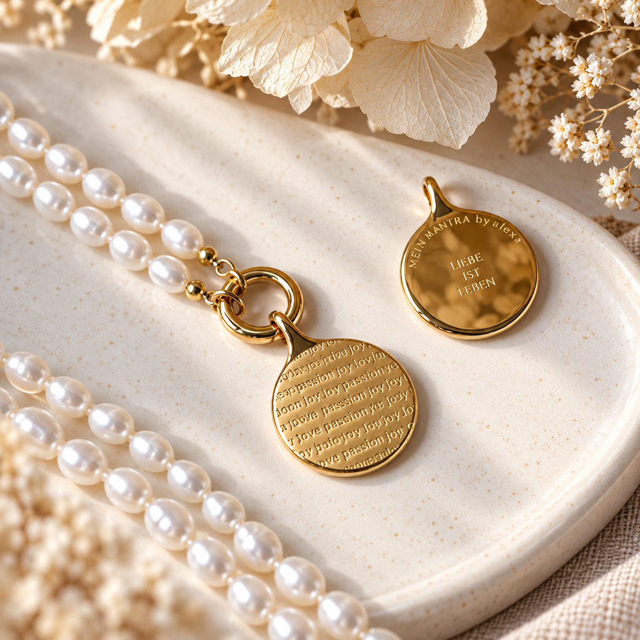 Süßwasser-Perlen-Charmkette - mit SOULWORDS - love-passion-joy - LIEBE IST LEBEN