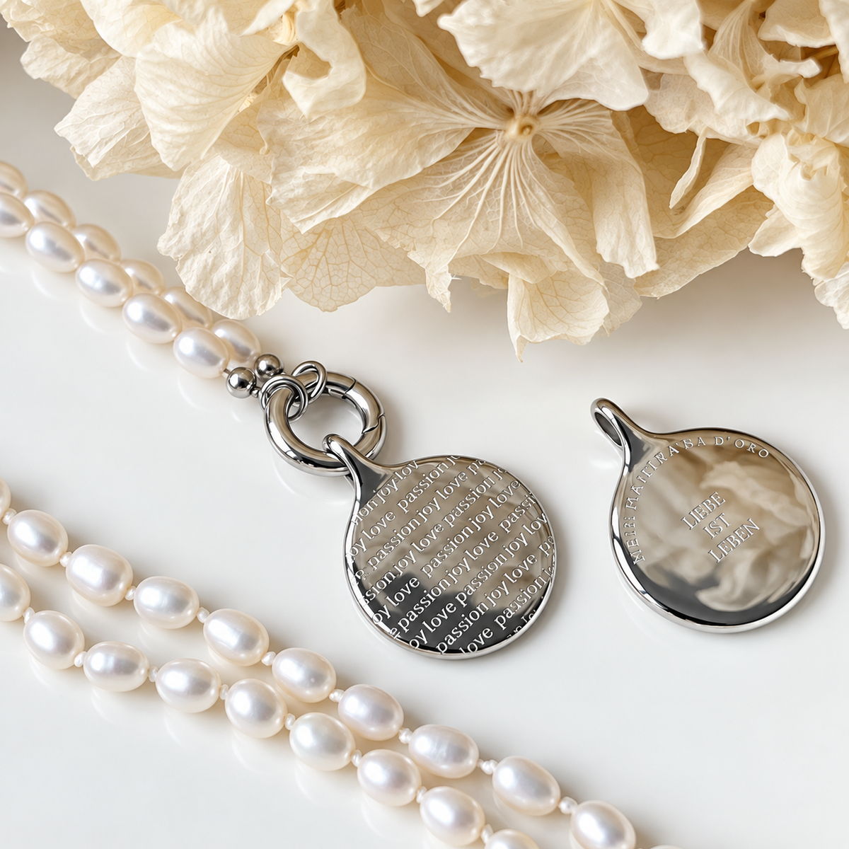 Süßwasser-Perlen-Charmkette - mit SOULWORDS - love-passion-joy - LIEBE IST LEBEN