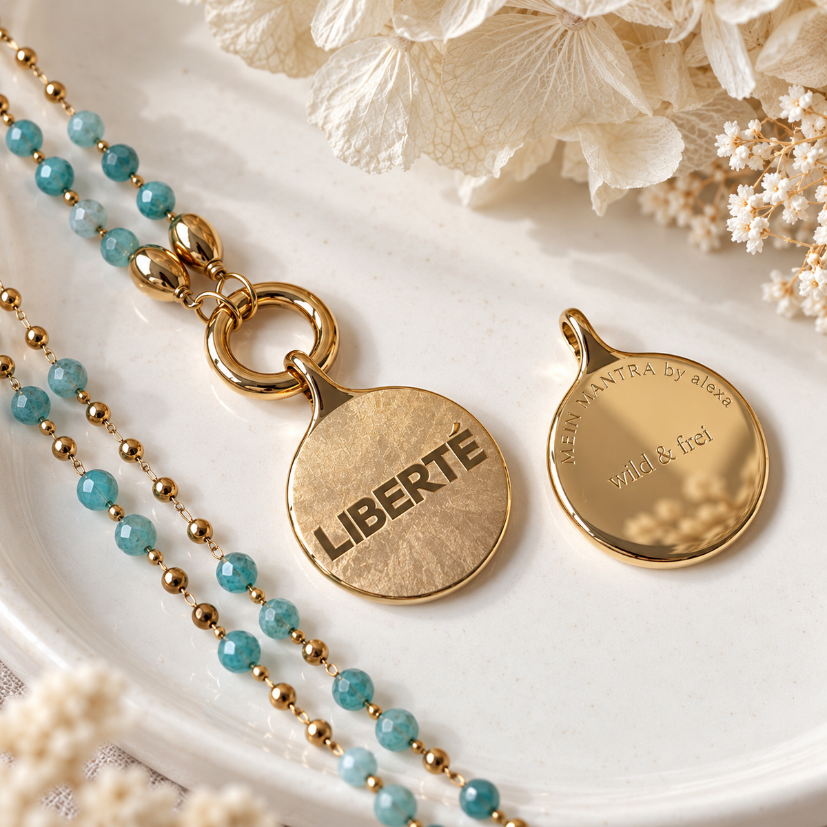 Edelsteinkette Chalcedon - mit SOULWORDS - LIBERTÉ - wild & frei
