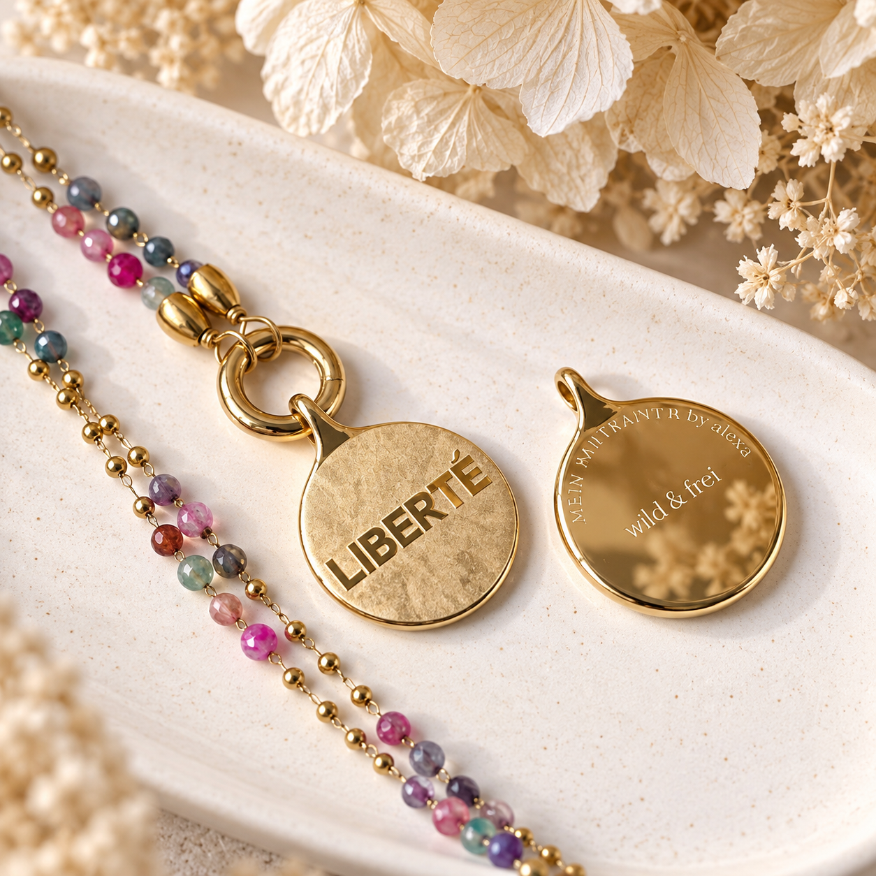 Edelsteinkette Chalcedon - mit SOULWORDS - LIBERTÉ - wild & frei