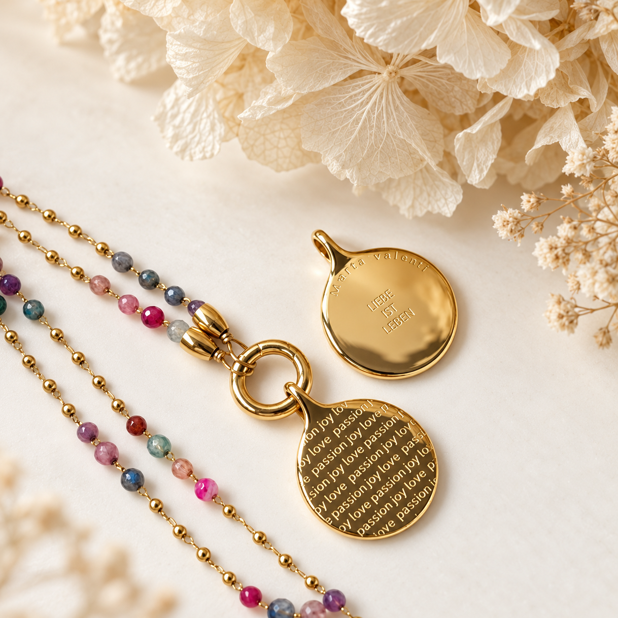Edelsteinkette Chalcedon - mit SOULWORDS - love - passion - joy - LIEBE IST LEBEN
