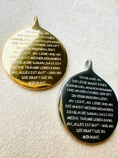 "ICH GLAUBE AN" Anhänger mit Kugelkette und Rundkarabiner